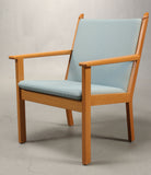 Front Side of Oak Armchair with Baby Blue Upholstery by Hans J. Wegner
