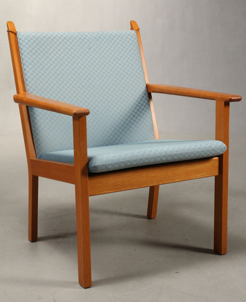 One Oak Armchair with Baby Blue Wool Upholstery by Hans J. Wegner