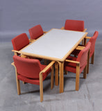Six Beech Armchairs with Red Wool Upholstery and Matching White Surface Table by Rud Thygesen and Johnny Sorensen