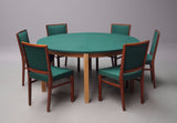 Six Beech Dining Chairs with Green Felt Upholstery Around a Matching Felt Top Table