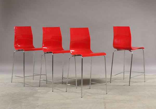 Four Red Acrylic Bar Chairs with Metal Legs