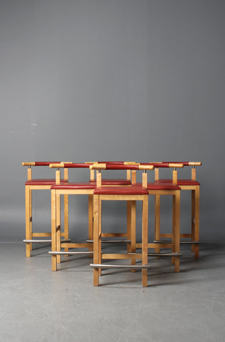 Collection of Beech and Metal Frame Barstools with Red Leather Seats and Backs