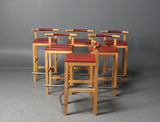 Collection of Beech and Metal Frame Barstools with Red Leather Seats and Backs