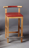 Beech and Metal Frame Barstool with Red Leather Seat and Back