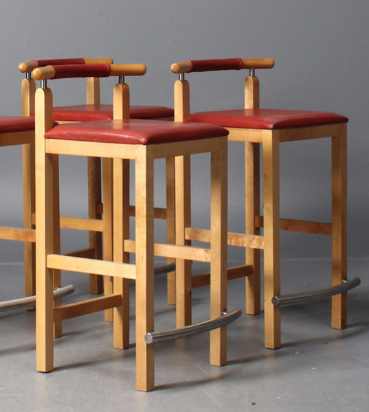 Three Beech and Metal Frame Barstools with Red Leather Seats and Backs