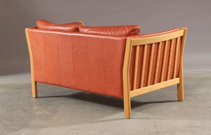 Back Side of Beech Loveseat with Orange-Brown Leather Upholstery