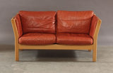 Beech Loveseat with Orange-Brown Leather Upholstery