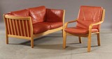Leather Loveseat in orange red with beech frame