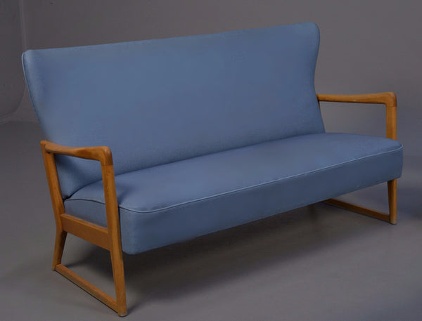 Beech Sofa with Light Blue Leather Upholstery by Soren Hansen