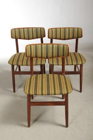 Three Teak Dining Chairs with Yellow and Green Pattern Upholstery