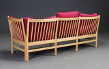 Back Side of Beech Sofa with Bordeaux Coloured Wool Cushions by Skippers Furniture