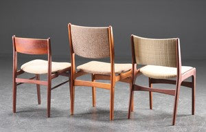 Three Sets of Dining Chairs in Teak and Oak