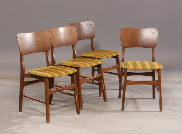 Ib Kofod-Larsen Style Beech Dining Chairs with Green and Yellow Striped Seats and Wood Backs