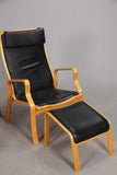 Black Leather Beech Armchair with Footstool