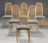 Collection of Matching Beech Dining Chairs with Curved Backs and Grey Textile Seats