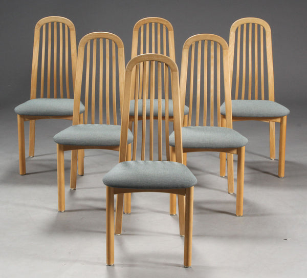 Collection of Matching Beech Dining Chairs with Curved Backs and Grey Textile Seats