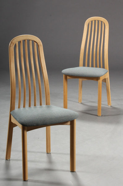 Two Beech Dining Chairs with Curved Wood Backs and Grey Textile Seats