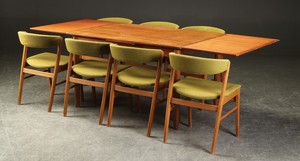 Set of Beech Dining Chairs with Green Wool Backs and Seats Around a Table