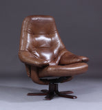 Armchair, brown leather, stained beech, Swivel, tilt.*