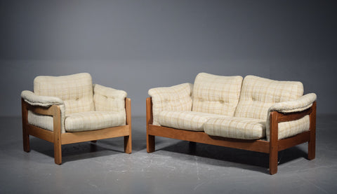 Solid teak framed chair and matching Love seat. / wool upholstery