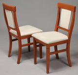 Front and Back of Stained Beech Dining Chairs with White Seats and Backs