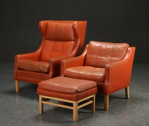 Danish furniture manufacturer. Leather,High back chair, low back chair and stool, cognac-colored leather (3)