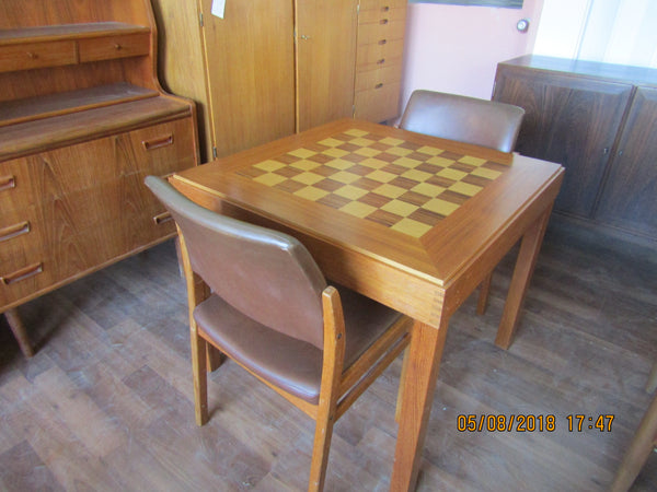 Teak Game Table with Chess and Backgammon Boards by Skovby with two Teak Chairs