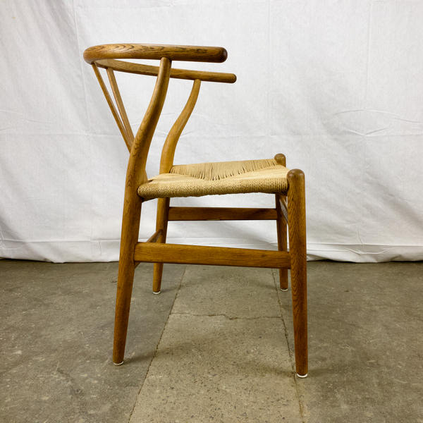 Side View of White Oak and Papercord Wishbone Chair by Hans Wegner