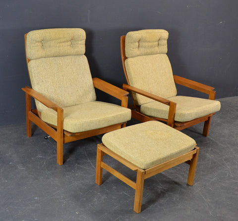Solid teak framed, highback , reclining ARMCHAIRS WITH STOOL.