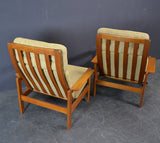 Solid teak framed, highback , reclining ARMCHAIRS WITH STOOL.