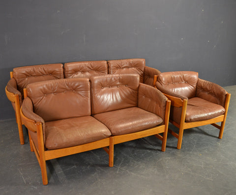 Solid Teak framed Danish leather SEATING GROUP.