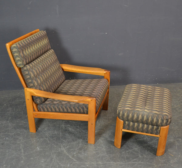 High back solid teak framed chair and foot stool