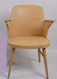 Beige Leather Armchair with Wood Arms and Legs