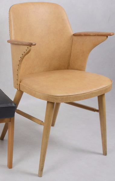 Beige Leather Armchair with Wood Arms and Legs