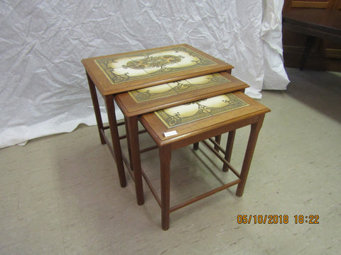 Teak nesting table with hand-painted ceramic tiles from Denmark.