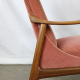 Teak Armchair with Dusty Pink Velour Upholstery