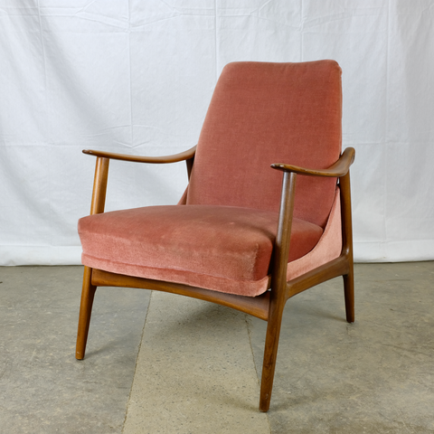 Teak Armchair with Dusty Pink Velour Upholstery