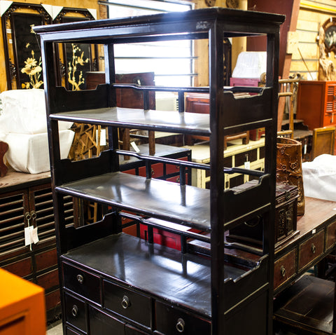 Oriental Black Bookcase with doors and drawers