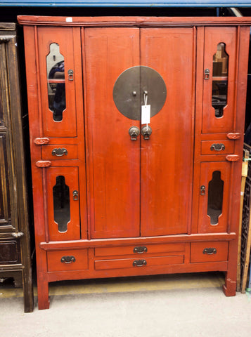 Orange Painted Antique Cabinet with Glass and Brass Fixtures
