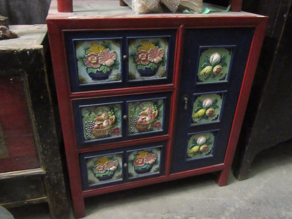 Red and Blue Painted Antique Cabinet with Painted Floral Carvings