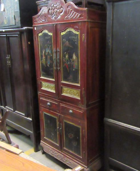 Red Painted Antique Cabinet with Painted Art Doors