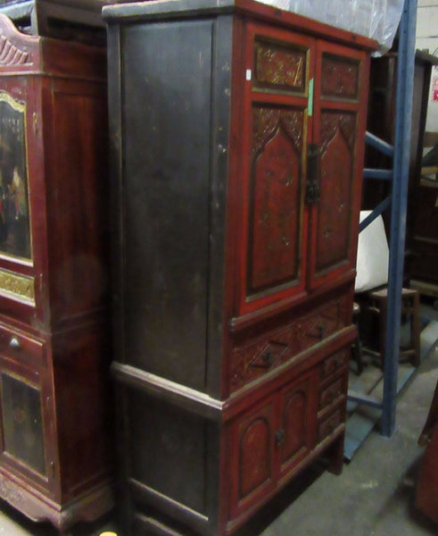 Red Painted Antique Cabinet with Intricate Carvings and Brass Fixtures