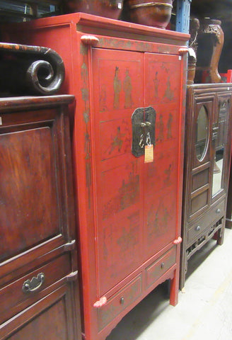 Red Antique Cabinet with Metal Faceplates
